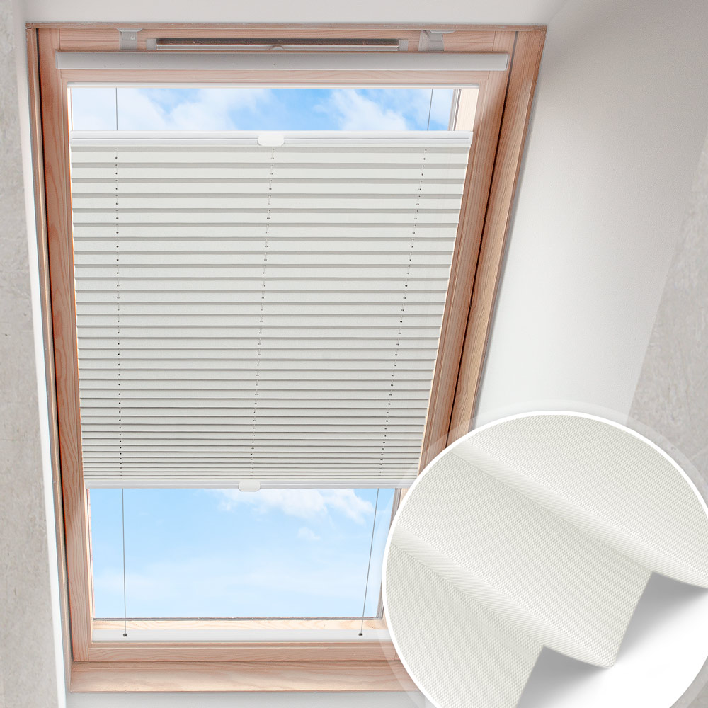 Plisserad takfönstergardin vit-grå | pärlemor