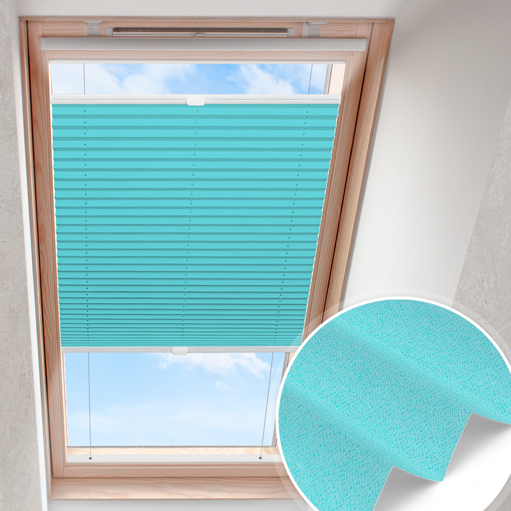 Plisserad takfönstergardin turkos | pärlemor