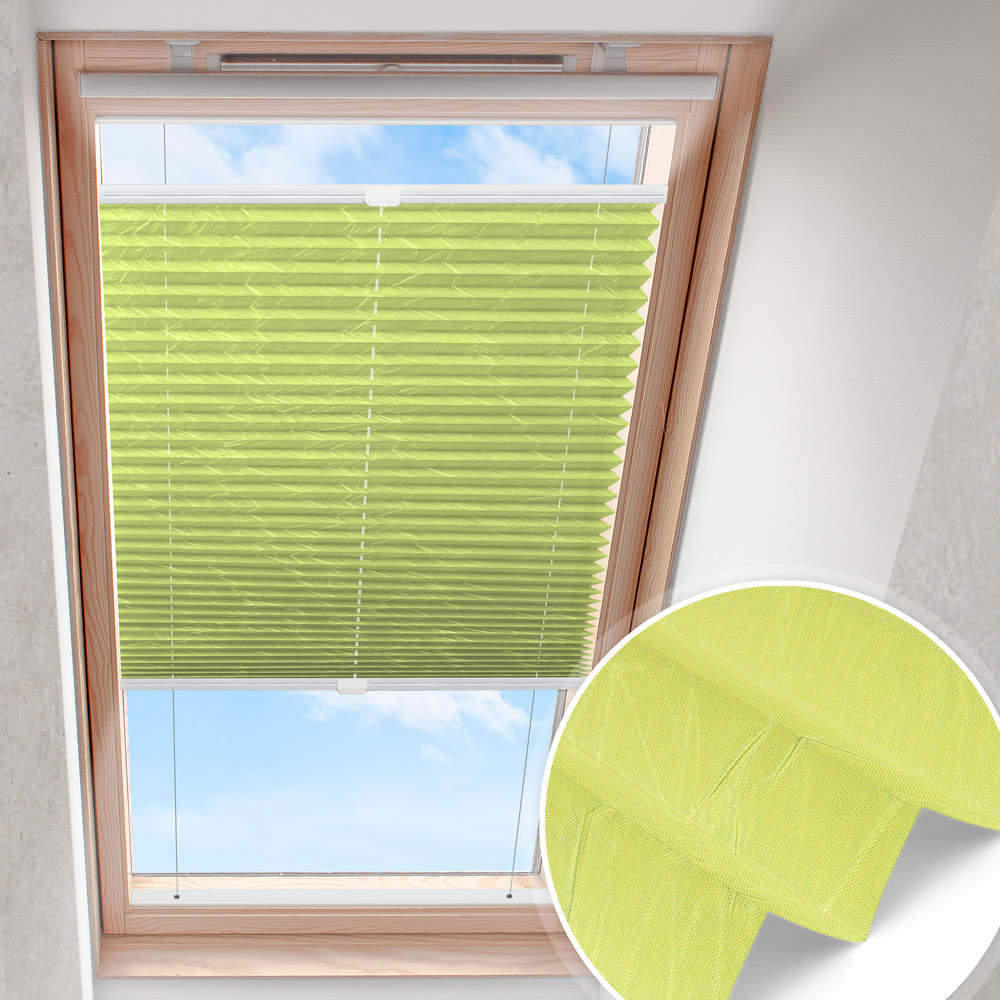 Plisserad takfönstergardin äppelgrön | krossad pärlemor